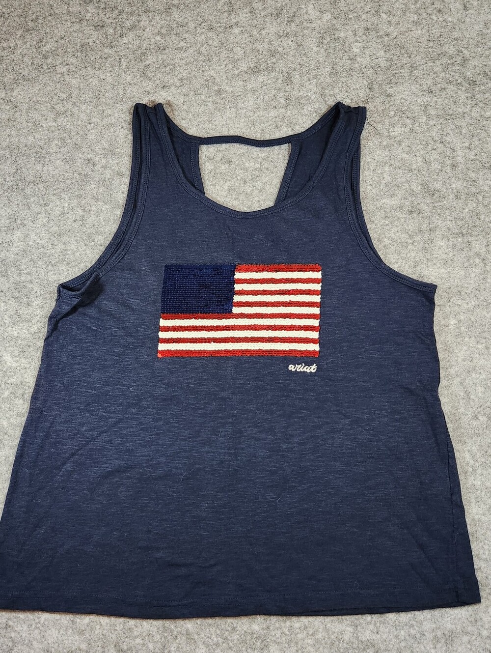 Ariat Navy Sleeveless Top with White Brand Tag Sequin Flag Size Small